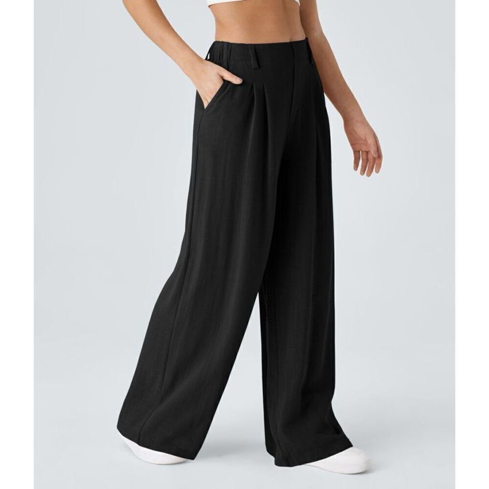 Halara Wide Leg High Rise Pants Size XL Petite Black Pull On Office Stretch EUC